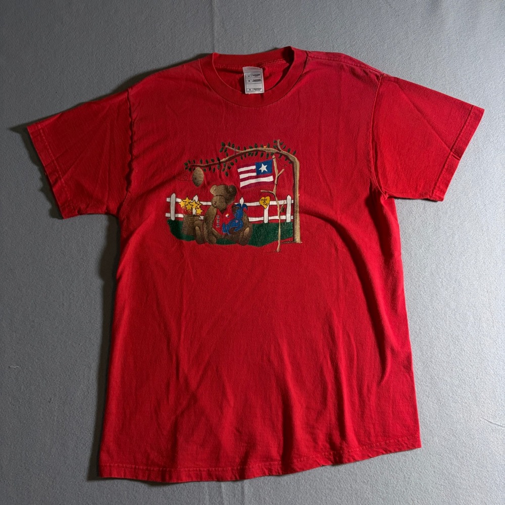 Fruit of the Loom Heavy Cotton Red Teddy‎ Bear USA Flag Graphic T-Shirt Mens M